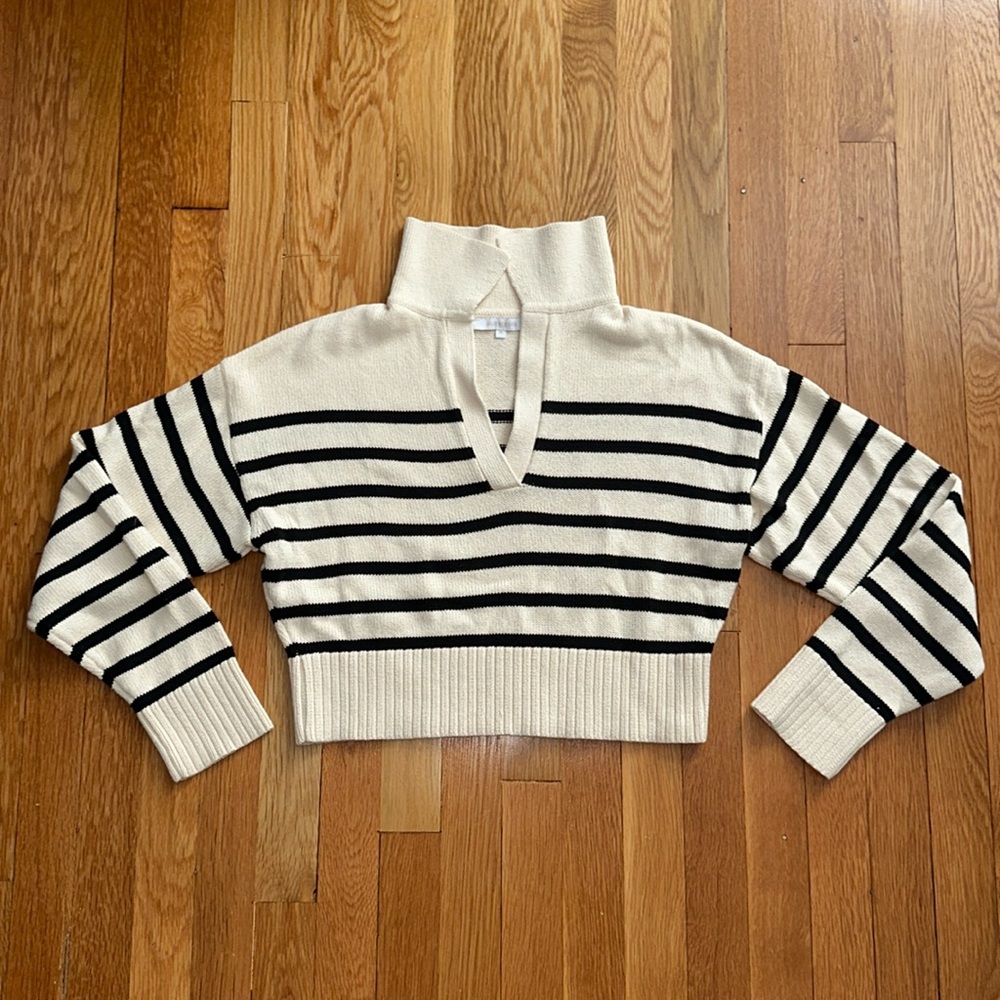 Olivaceous cropped collared cotton striped sweater size medium